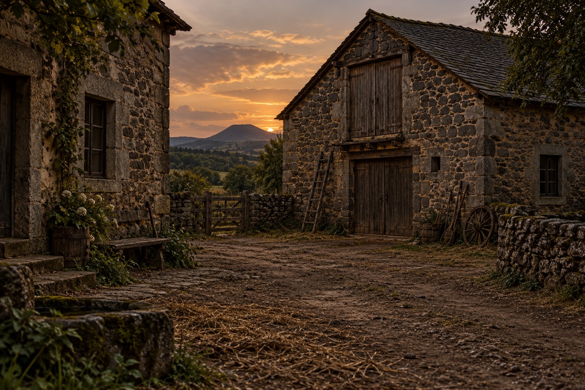 Illustration contemporaine : Cour de ferme avec bâtiments de pierre, porte de grange, échelle et roue au soleil couchant.