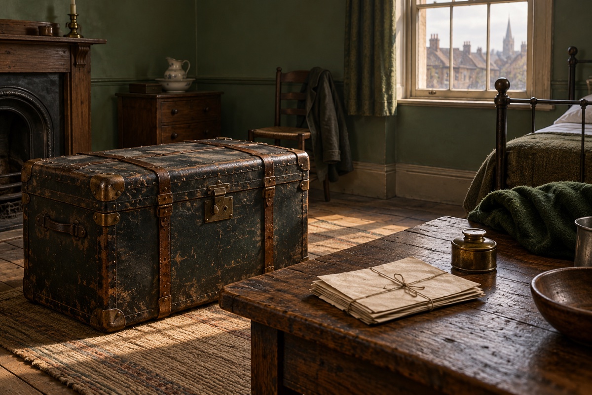 Illustration contemporaine : Grande malle fermée et feuillets liés sur une table dans une chambre.