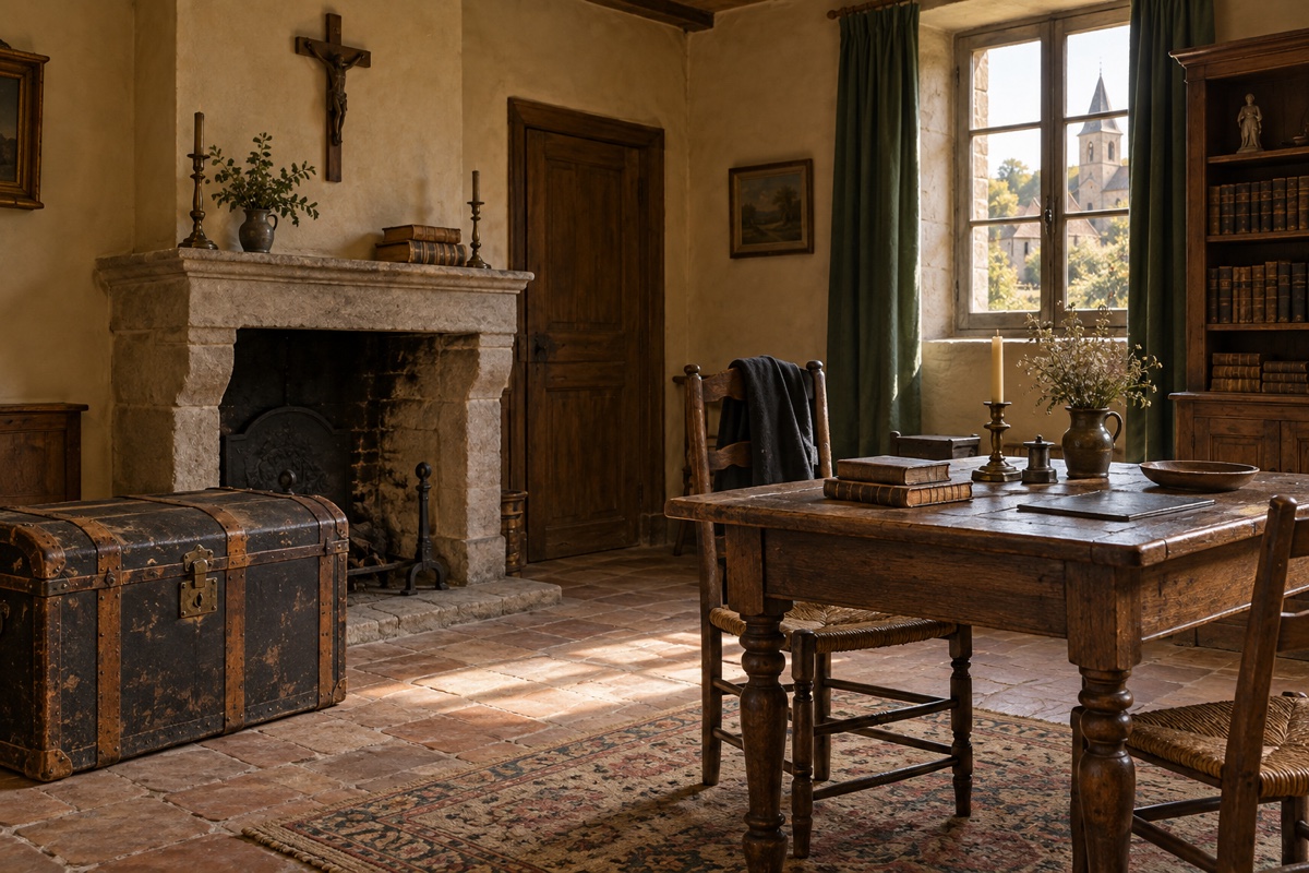 Illustration contemporaine : Coffre fermé dans une pièce rustique avec cheminée, table et livres.