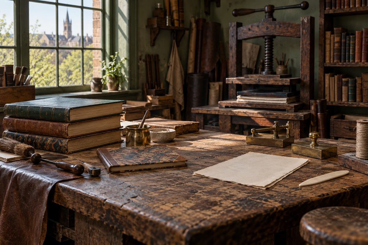 Illustration contemporaine : Atelier de reliure avec presse, livres, feuilles et outils sur un établi.