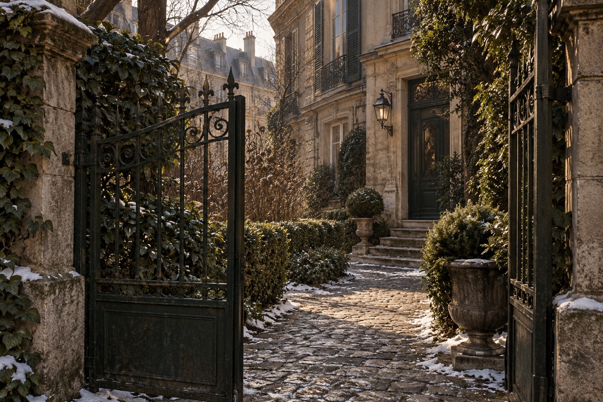 Illustration contemporaine : Grille ouverte sur une allée pavée menant à une maison, végétation et neige sur les pierres.