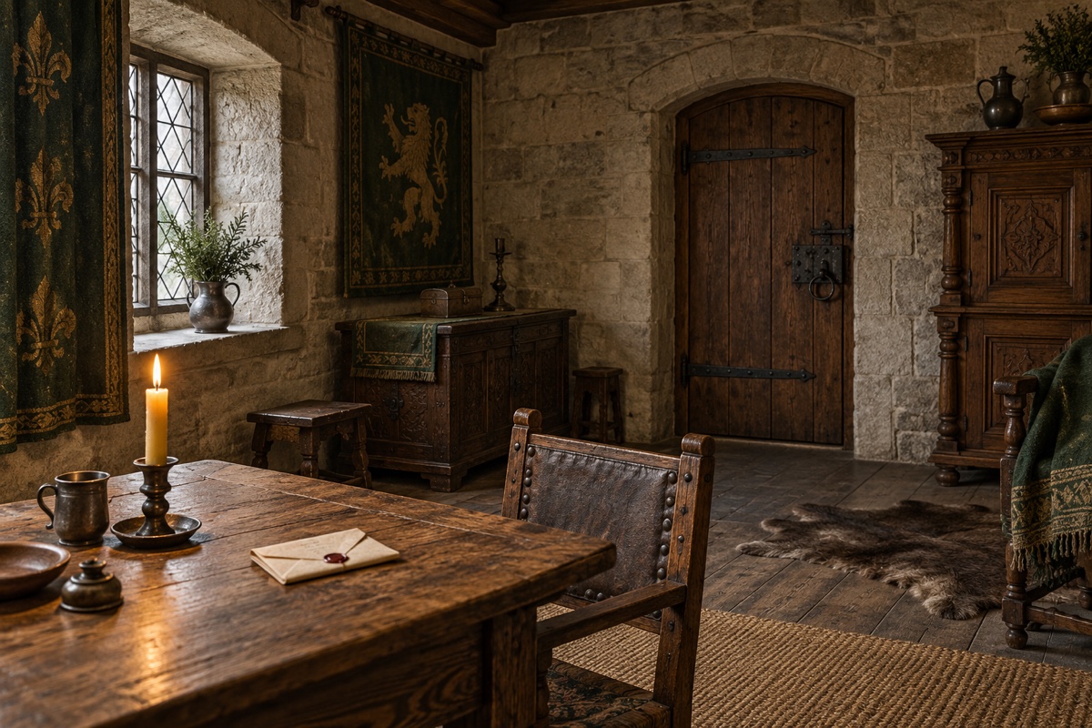 Illustration contemporaine : Porte de bois fermée dans une pièce de pierre, lettre cachetée et bougie sur une table.