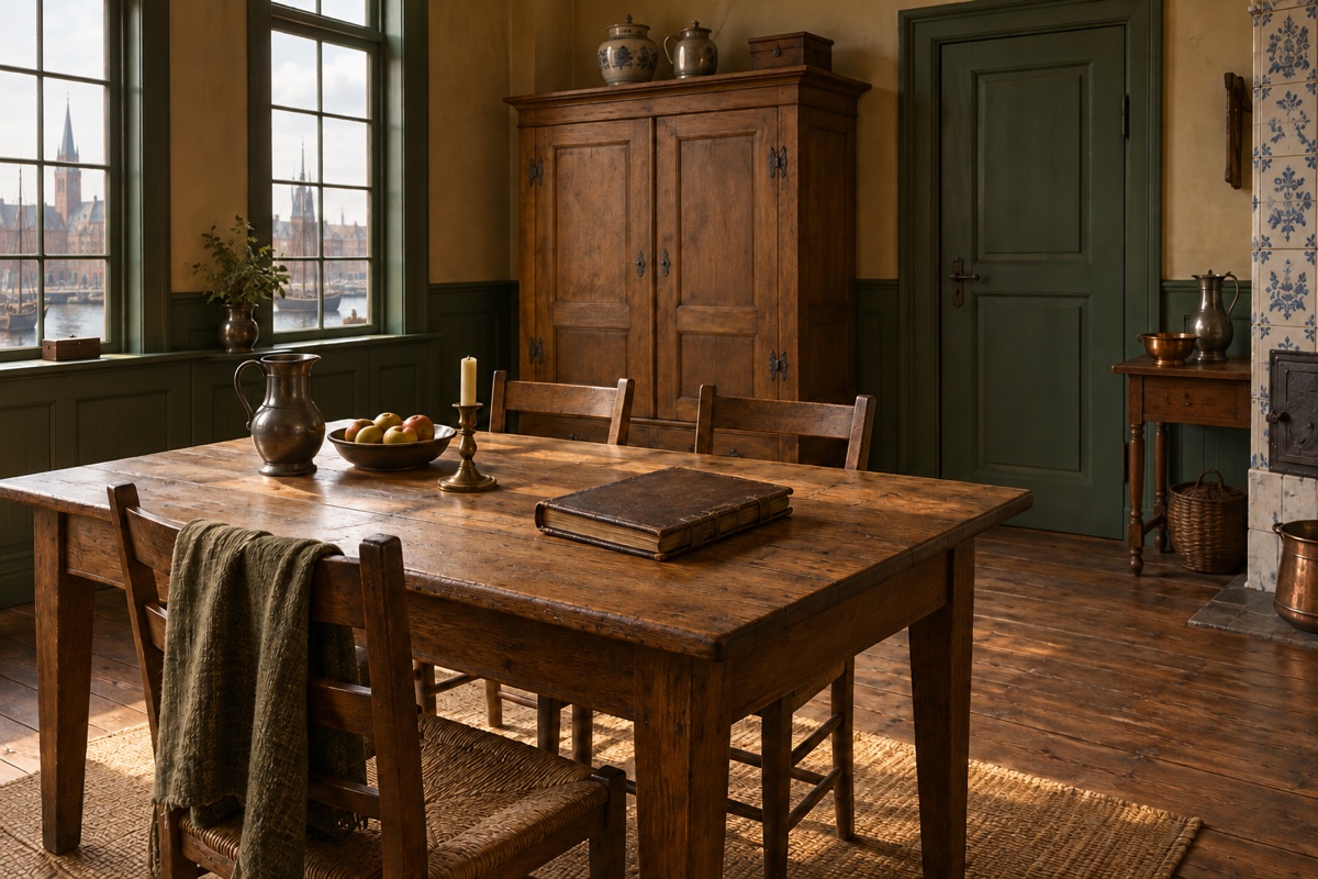 Illustration contemporaine : Salle à manger avec grande table, chaises et armoire de bois, fenêtres donnant sur une ville.