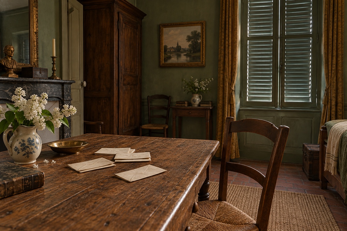 Illustration contemporaine : Enveloppes fermées sur une table dans une chambre aux volets clos.