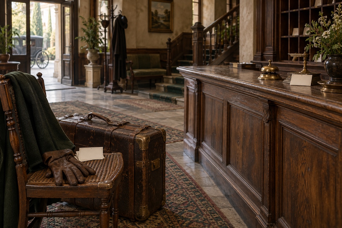 Illustration contemporaine : Malle, manteau et gants dans le hall d’un hôtel, près du comptoir.