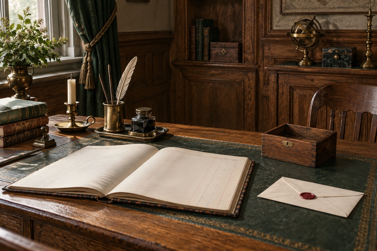 Illustration contemporaine : Registre ouvert, plume et enveloppe cachetée sur un bureau, petite boîte de bois ouverte.