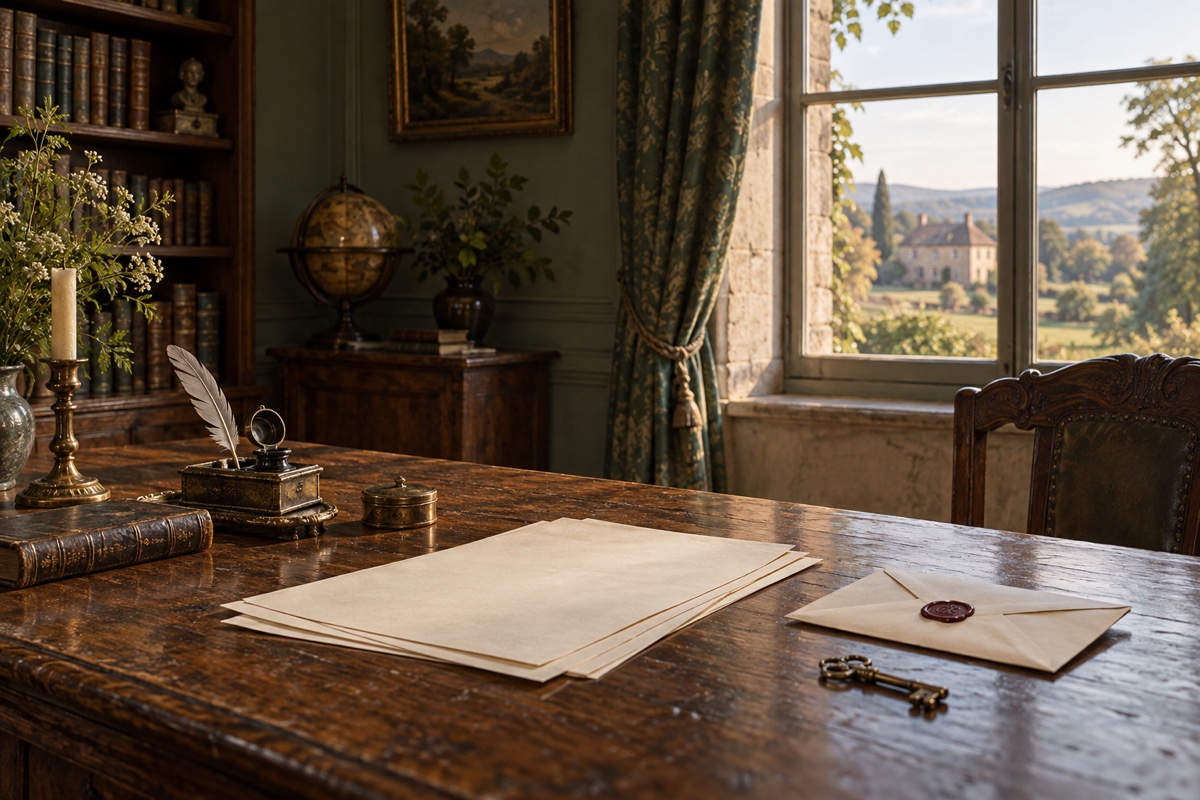 Illustration contemporaine : Bureau avec lettre cachetée, papiers et plume, fenêtre donnant sur un domaine rural.