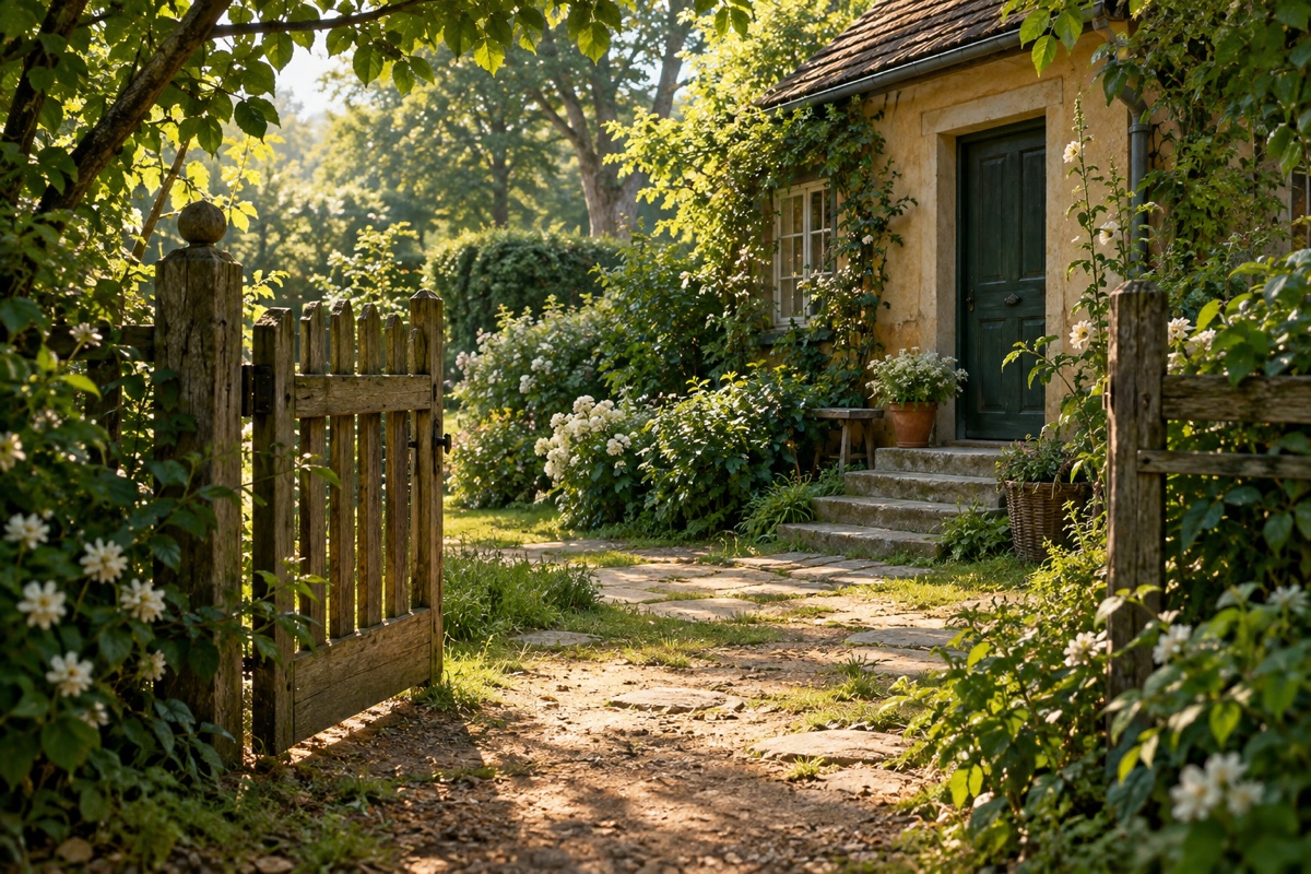 Illustration contemporaine : Portail de jardin ouvert sur un chemin menant à une maison dont la porte est fermée.