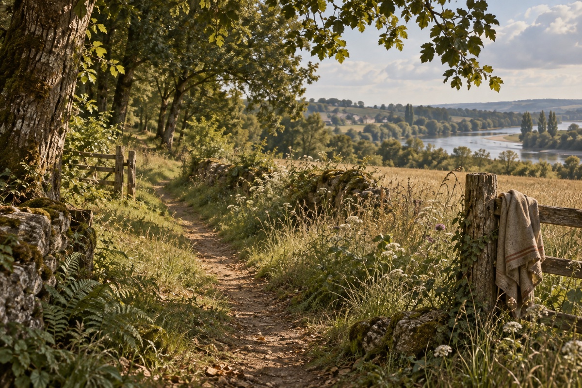 Illustration contemporaine : Sentier entre un mur de pierre et un champ, près d’une rivière.