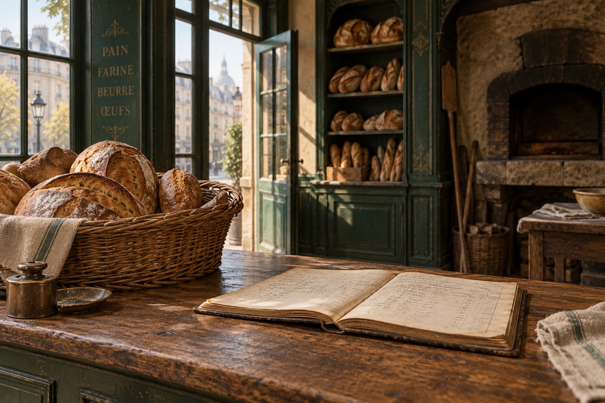 Illustration contemporaine : Panier de pains et livre de comptes ouvert sur le comptoir d’une boulangerie.