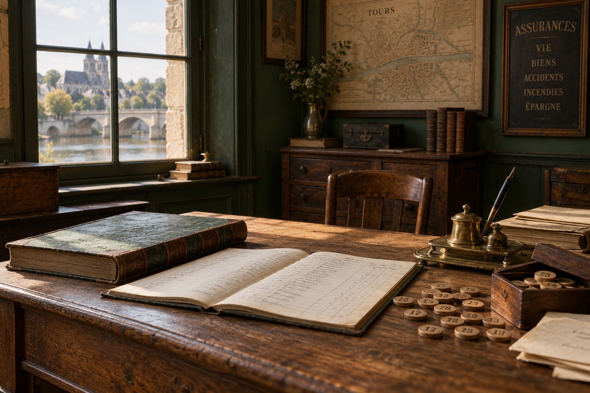 Illustration contemporaine : Registre ouvert et jetons numérotés sur une table, avec carte de Tours au mur.