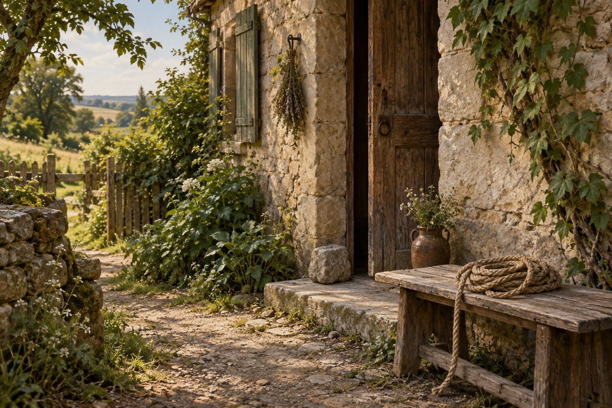Illustration contemporaine : Corde enroulée sur un banc près d’une porte entrouverte, avec une pierre au seuil.