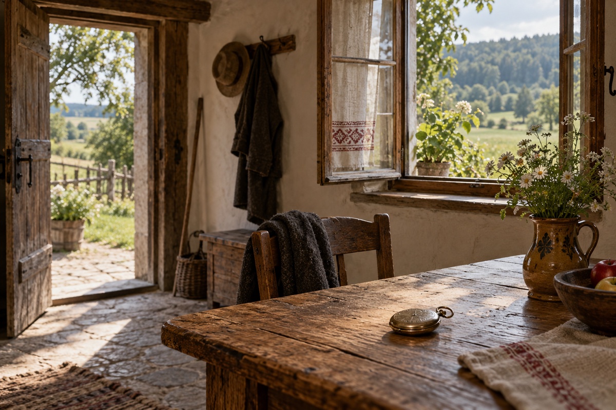 Illustration contemporaine : Montre de poche sur une table dans une pièce rurale, porte et fenêtre ouvertes vers la campagne.