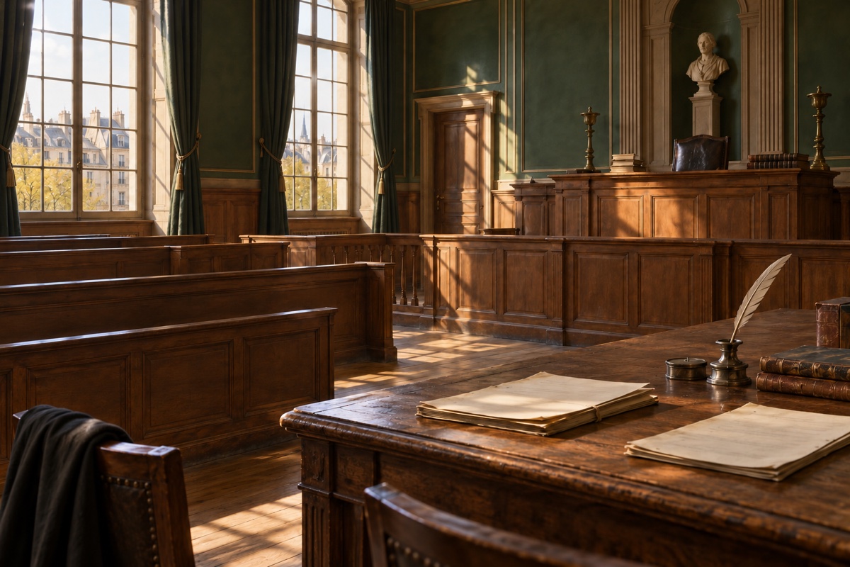 Illustration contemporaine : Salle d’audience vide, avec bancs, estrade du juge et dossiers posés sur une table.