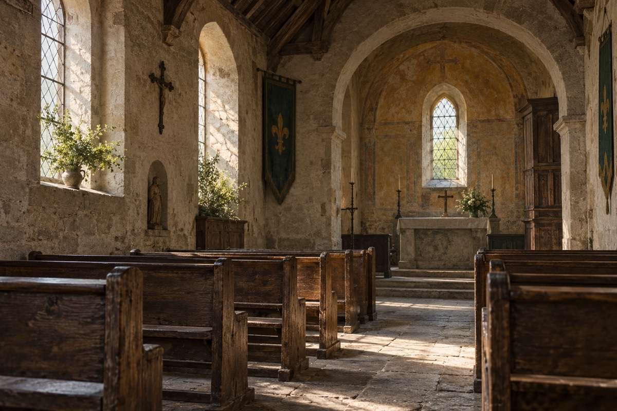 Illustration contemporaine : Intérieur d’une église avec bancs en bois, vitraux et autel.
