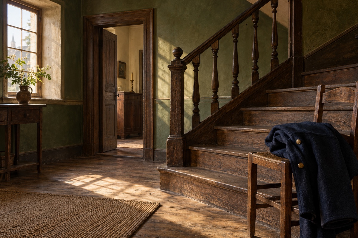Illustration contemporaine : Manteau bleu sur une chaise près d’un escalier de bois et d’une porte entrouverte.