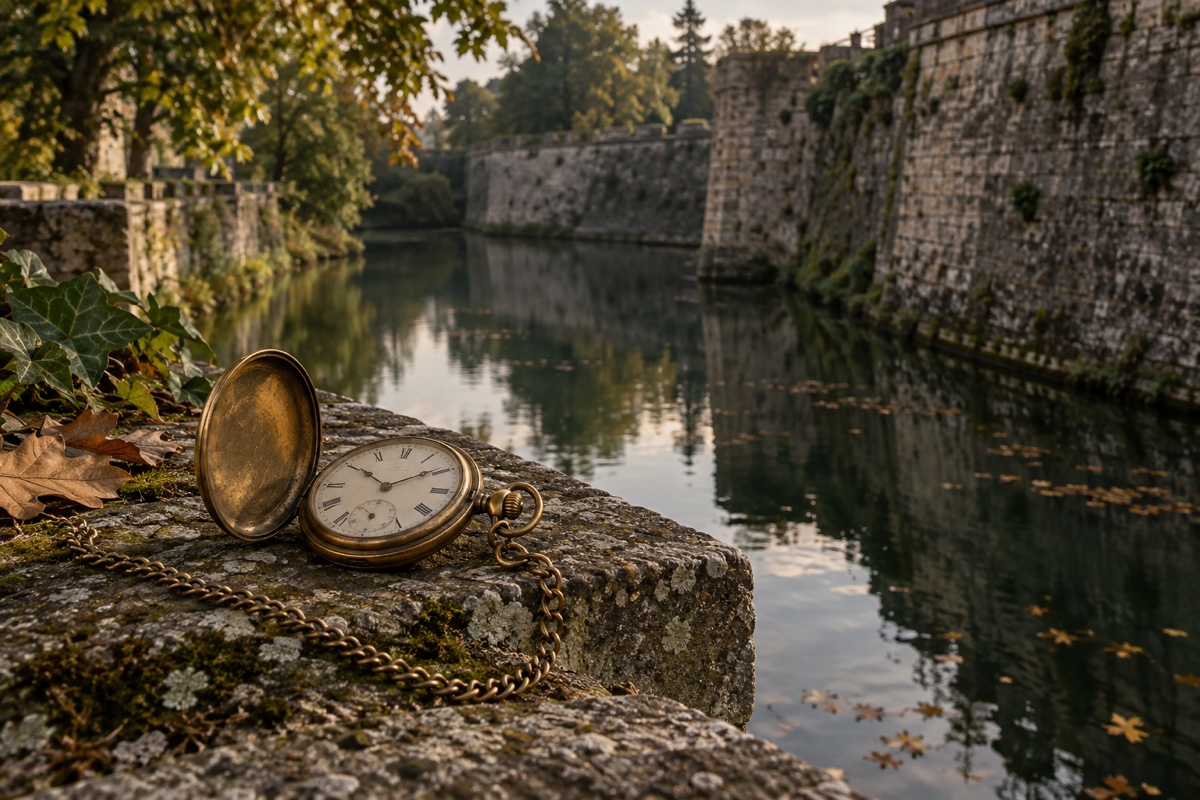 Illustration contemporaine : Montre de poche ouverte posée sur un parapet de pierre au bord de l’eau.