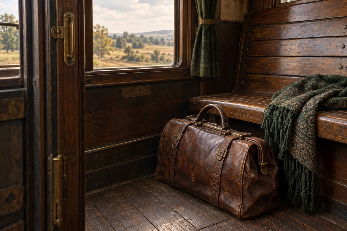 Illustration contemporaine : Sac de voyage et châle sur une banquette de train vide.