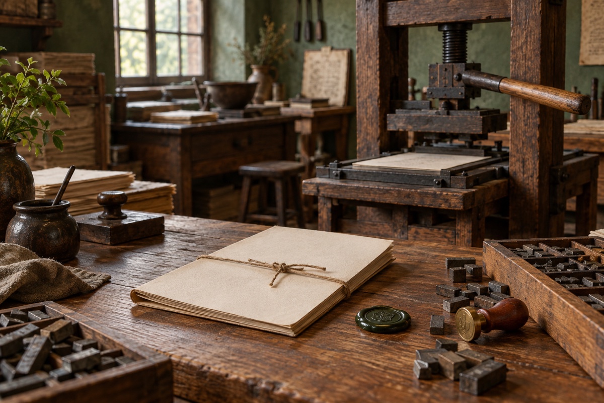 Illustration contemporaine : Presse d’imprimerie en bois, caractères mobiles et feuilles imprimées sur des tables.
