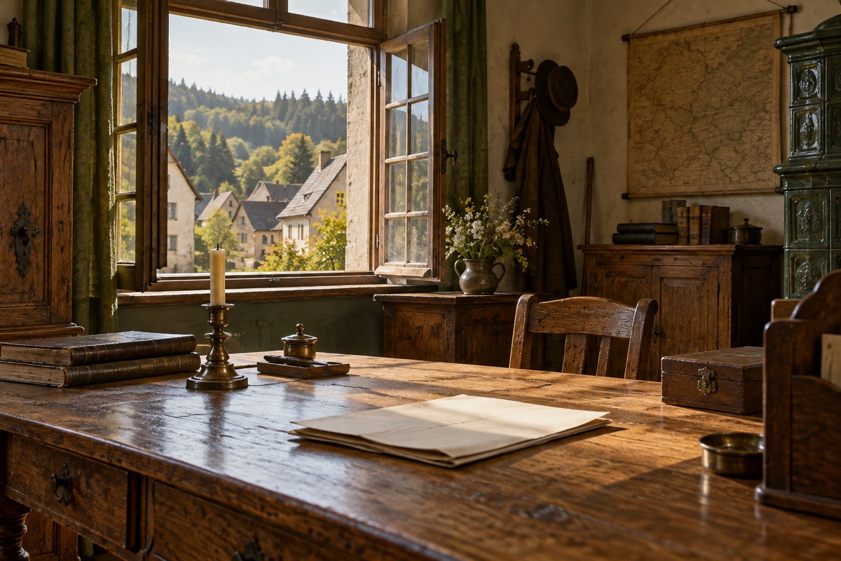 Illustration contemporaine : Feuilles sur une table dans une pièce avec poêle, fenêtre ouverte sur un village et des collines.