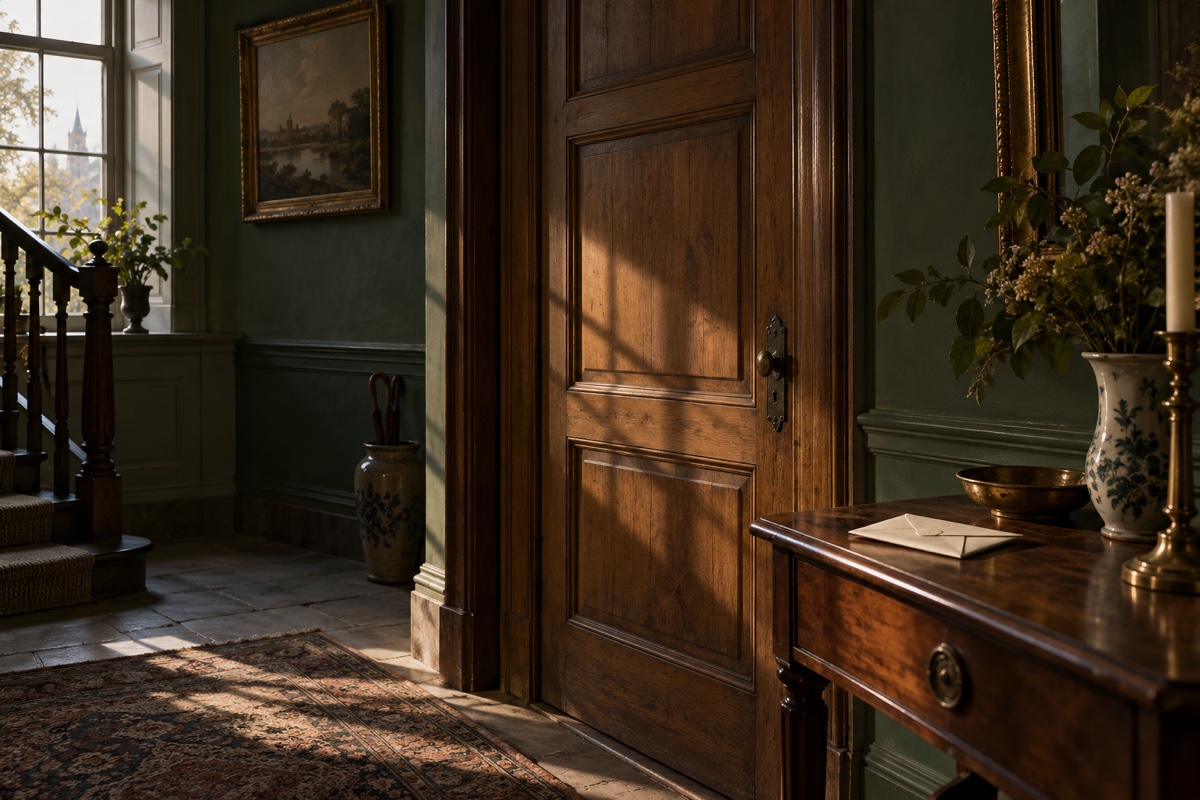 Illustration contemporaine : Porte fermée et enveloppe posée sur une table dans un intérieur ancien.