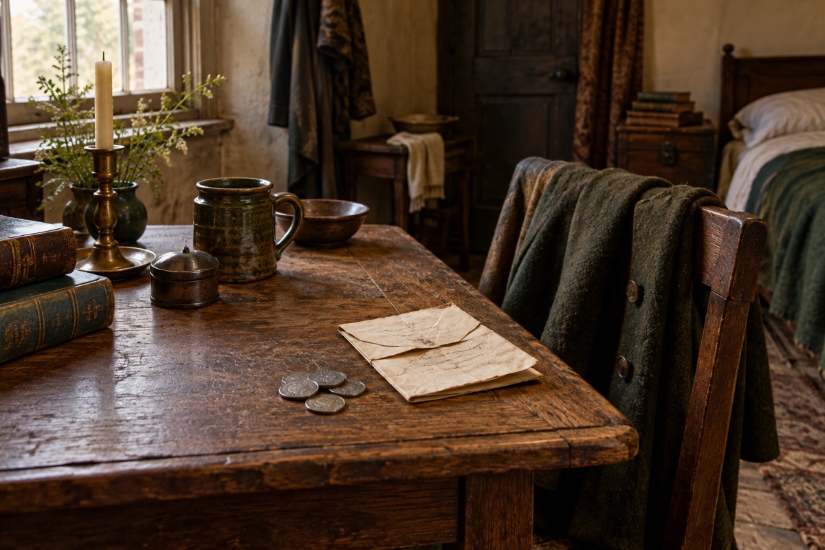 Illustration contemporaine : Lettres et pièces sur une table près d’une bougie, manteau sur une chaise et lit à l’arrière-plan.