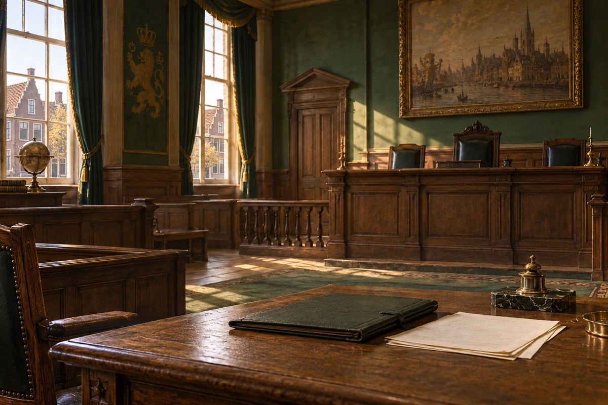 Illustration contemporaine : Salle d’audience vide, avec estrade, sièges, dossiers sur une table et globe près des fenêtres.