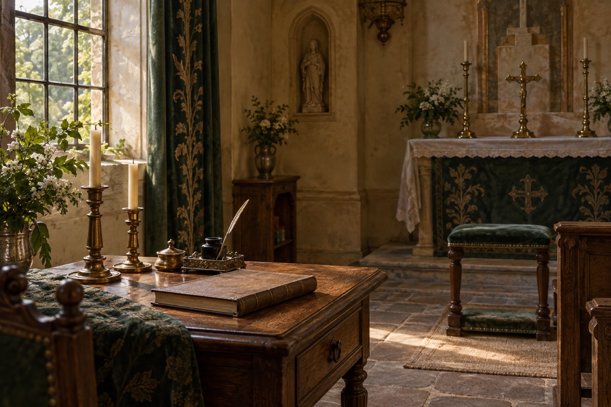 Illustration contemporaine : Livre fermé et encrier avec plume sur un bureau devant l’autel d’une chapelle.