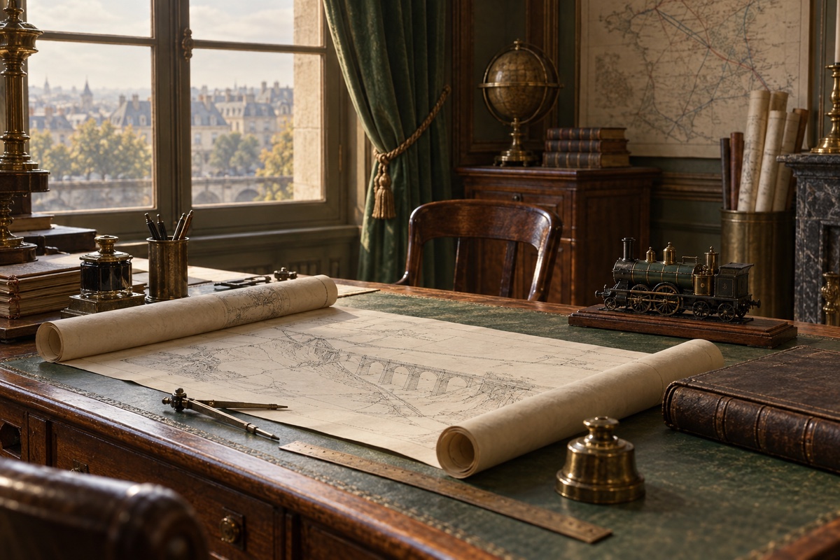Illustration contemporaine : Plan déroulé sur une table, avec compas, maquette de locomotive, globe et carte murale.