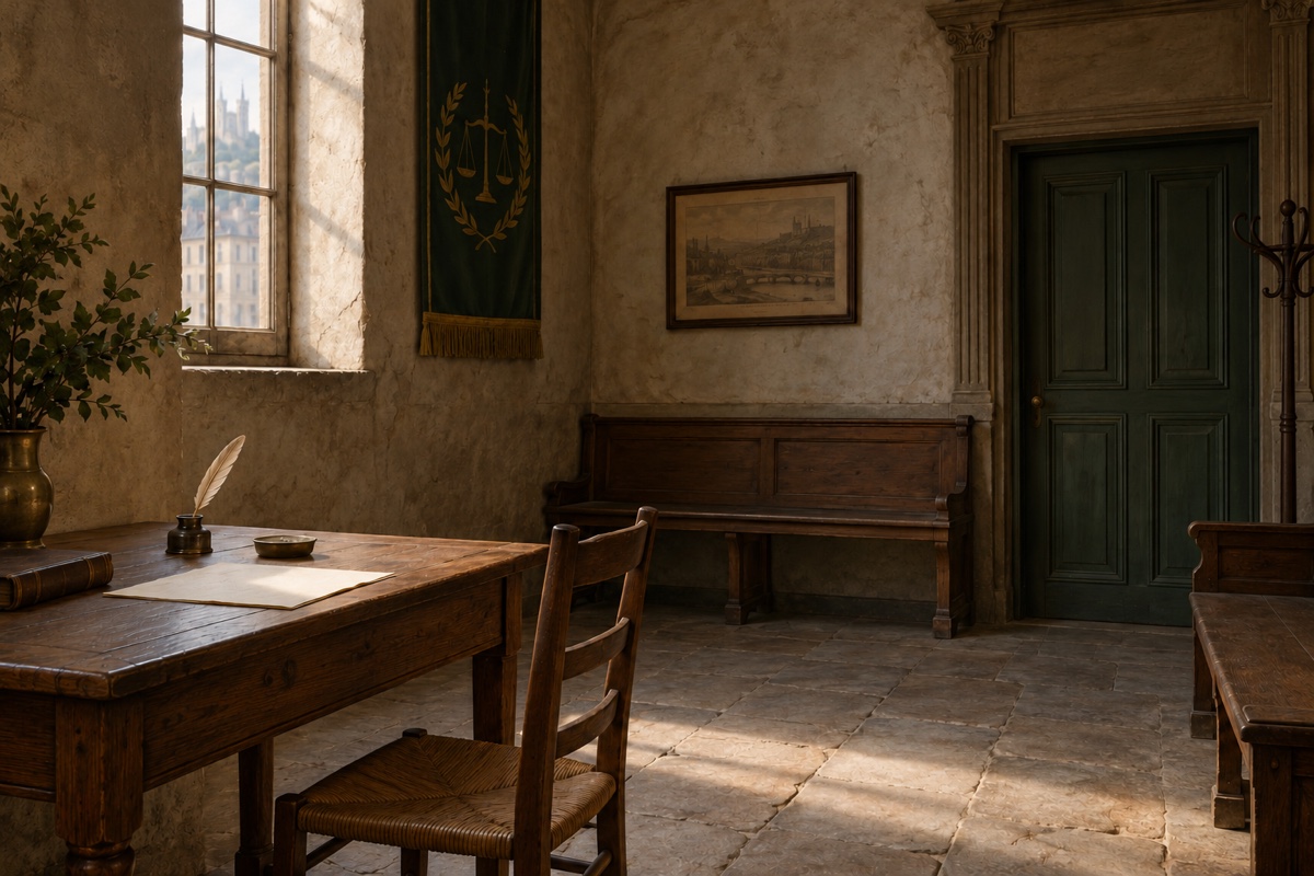 Illustration contemporaine : Table avec plume et feuille blanche devant un banc et une porte fermée dans une salle de justice.