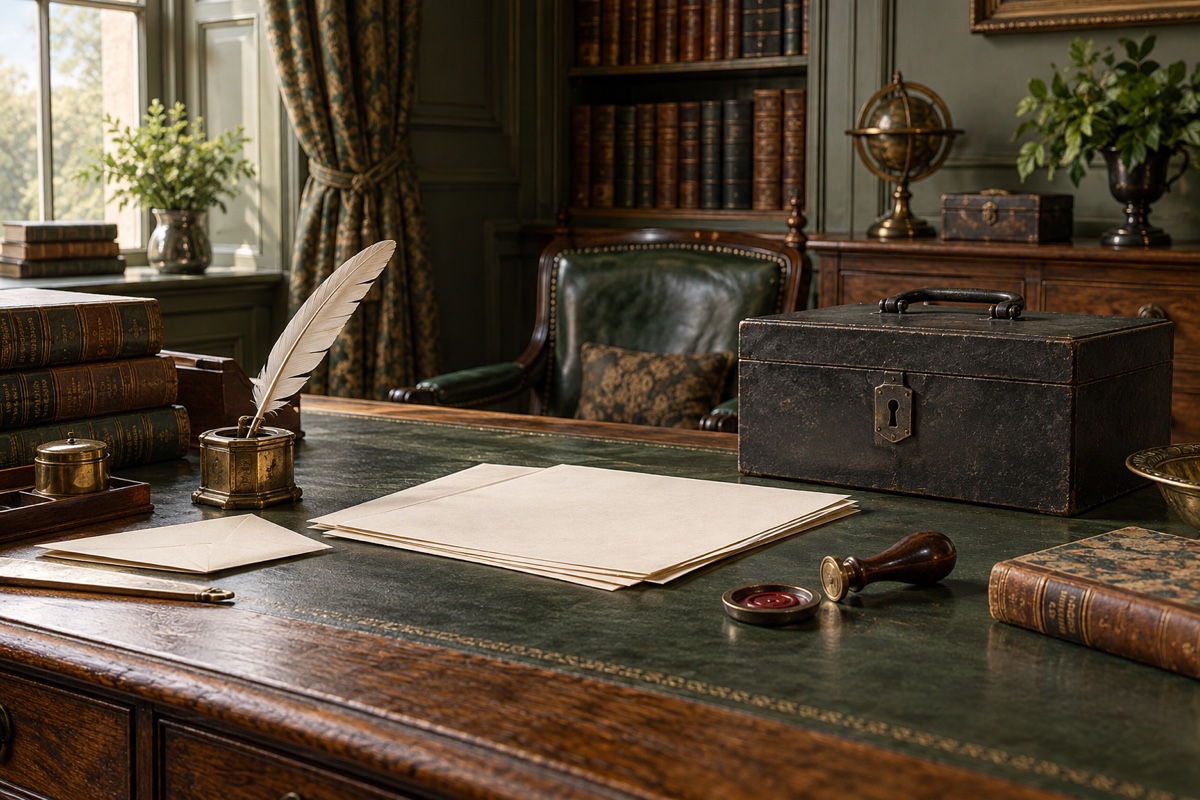 Illustration contemporaine : Papiers et enveloppe sur un bureau, près d’une plume, d’une boîte verrouillée et d’un globe.