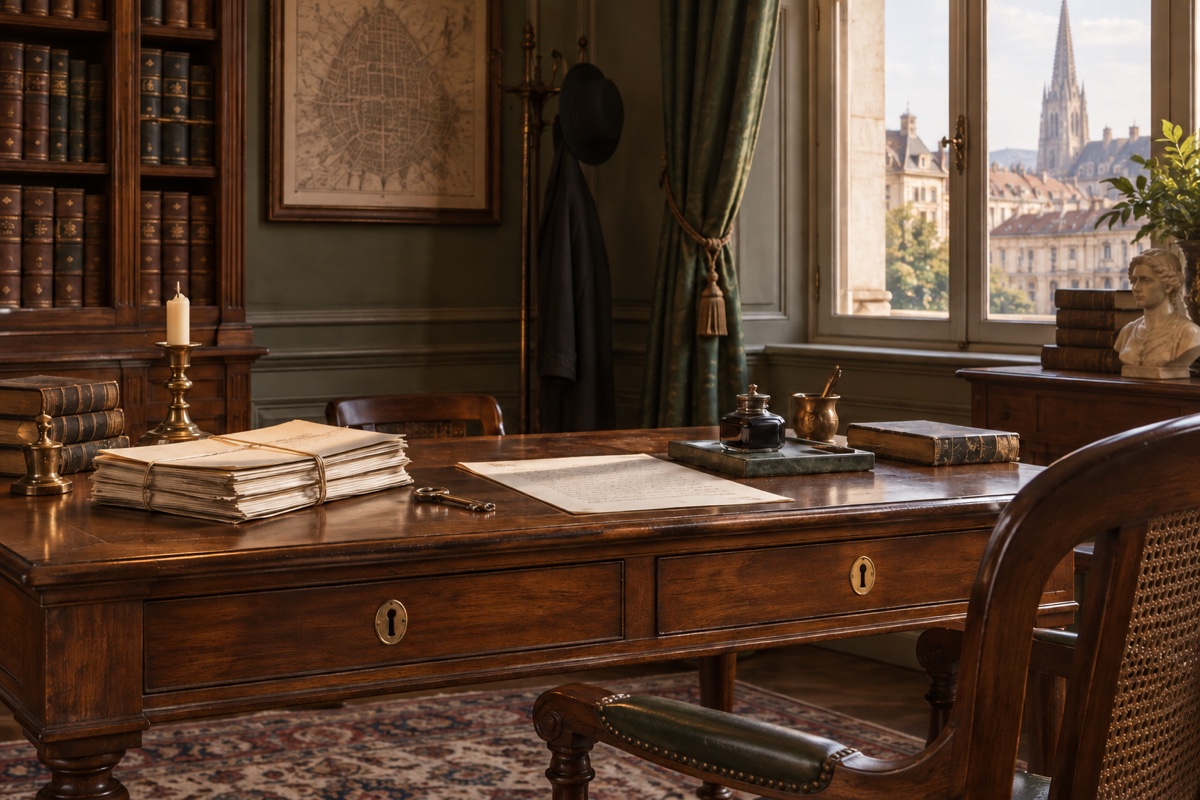 Illustration contemporaine : Bureau à tiroirs fermés avec papiers et livrets empilés.