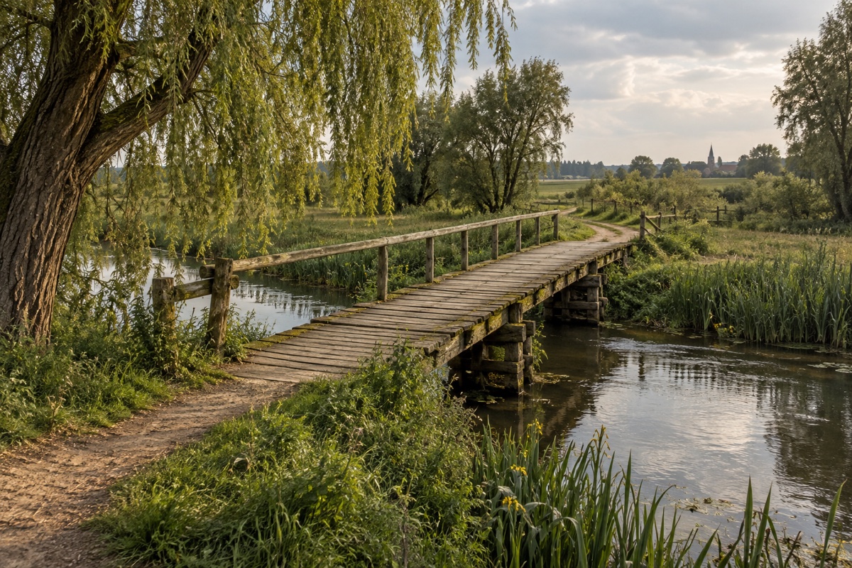 Illustration contemporaine : Pont de bois au-dessus d’une rivière bordée de saules et de roseaux.
