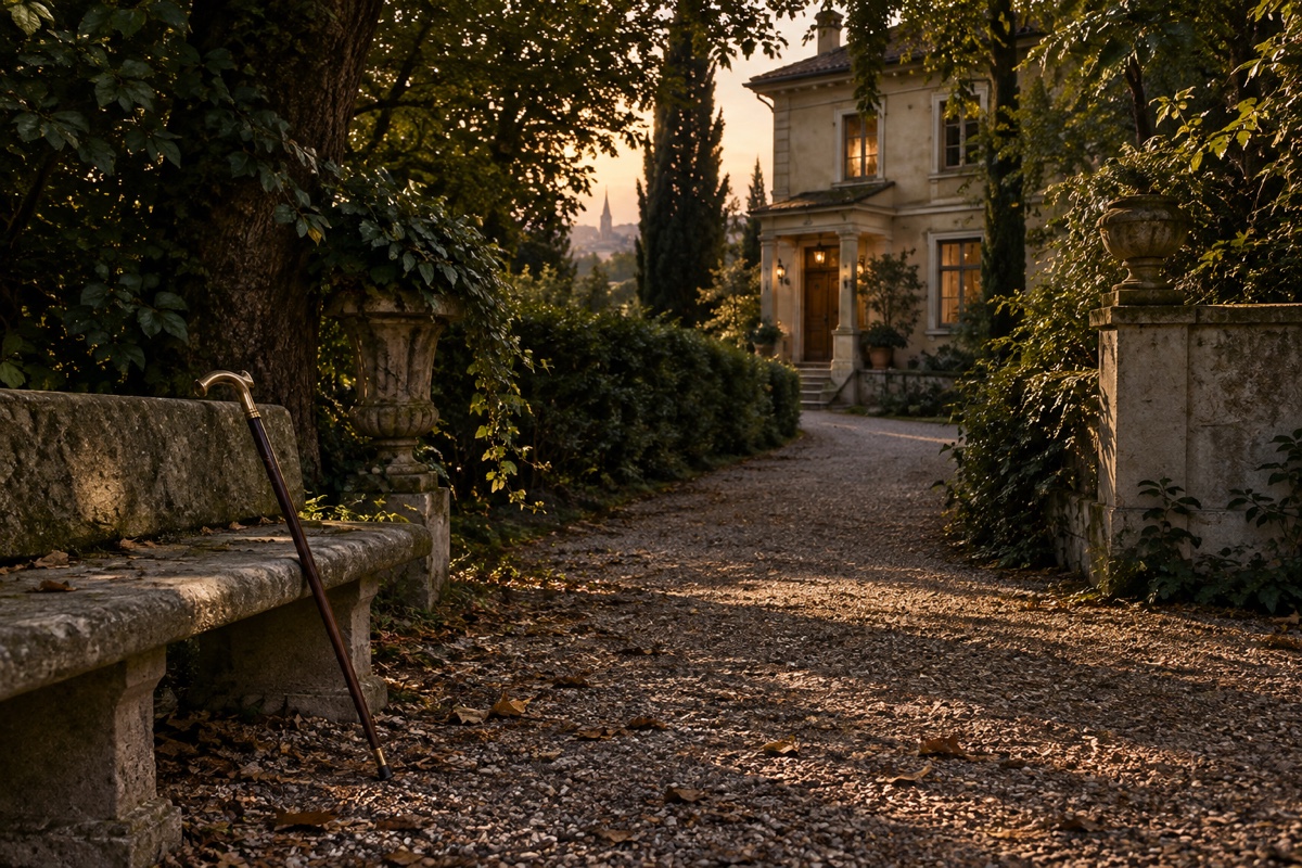 Illustration contemporaine : Canne appuyée contre un banc de pierre, allée de jardin conduisant à une maison.