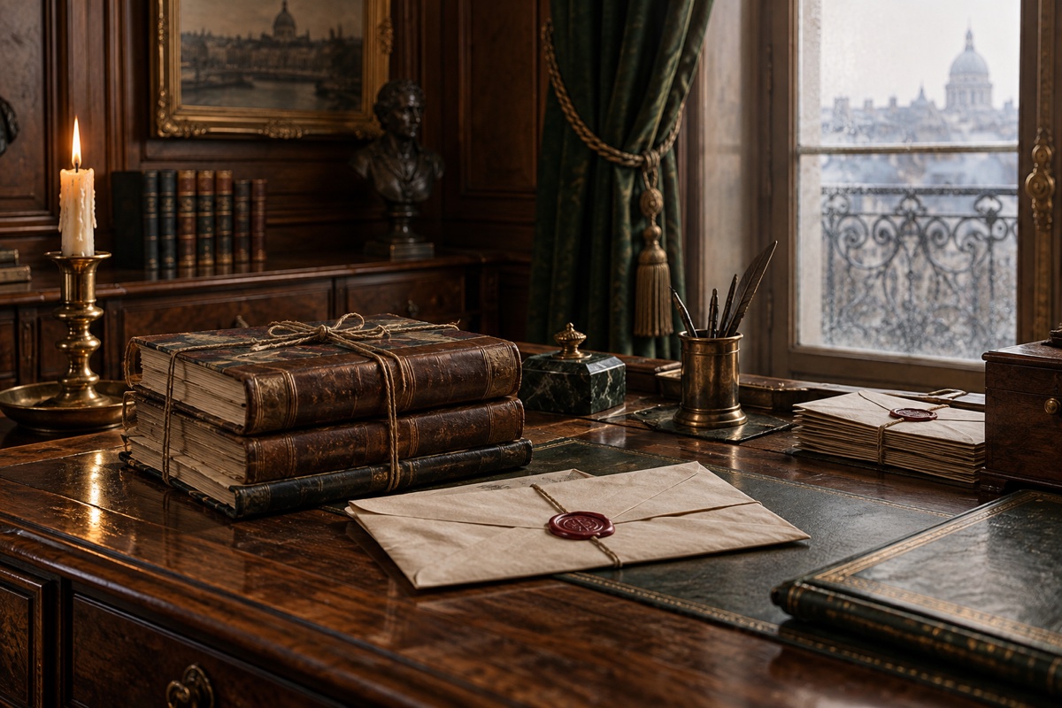 Illustration contemporaine : Livres et lettres cachetées sur un bureau, près d’un encrier.