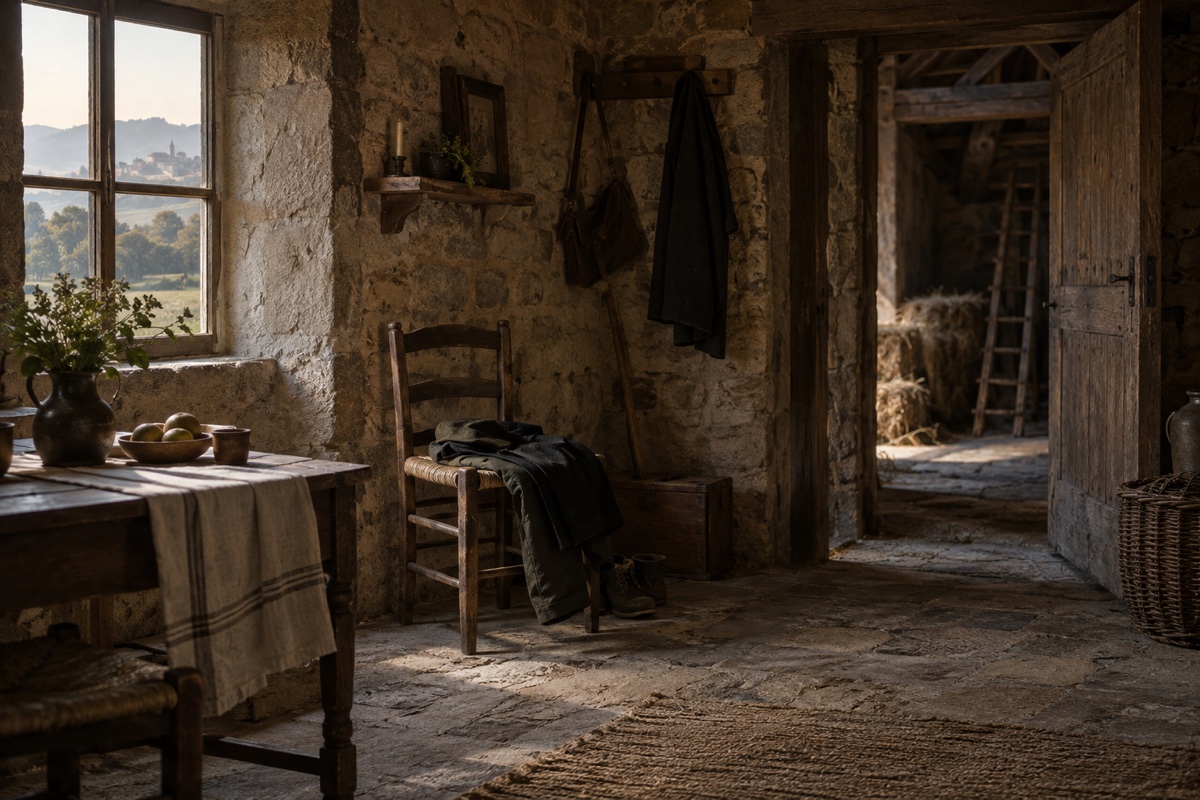 Illustration contemporaine : Vêtements sur une chaise dans une pièce rustique, porte ouverte sur une grange.