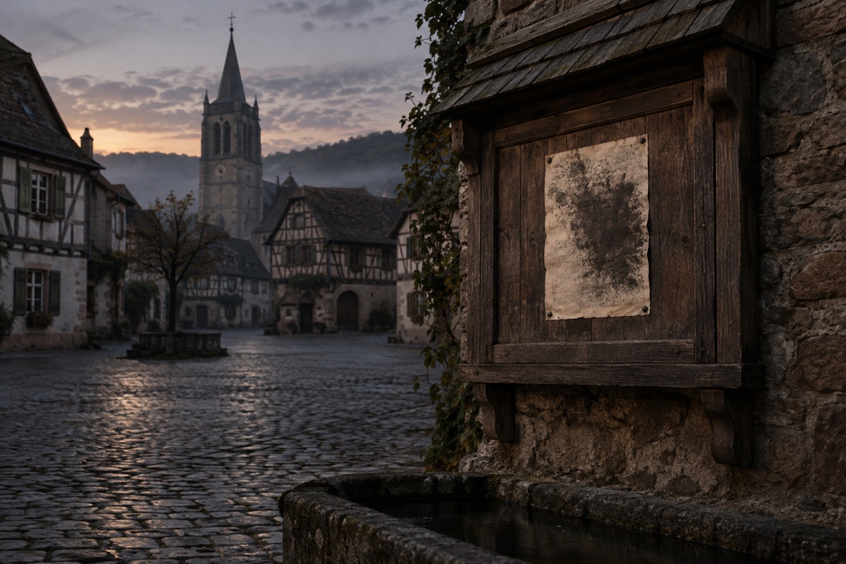 Illustration contemporaine : Affiche illisible fixée sur un panneau de bois près d’une place pavée et d’une église.