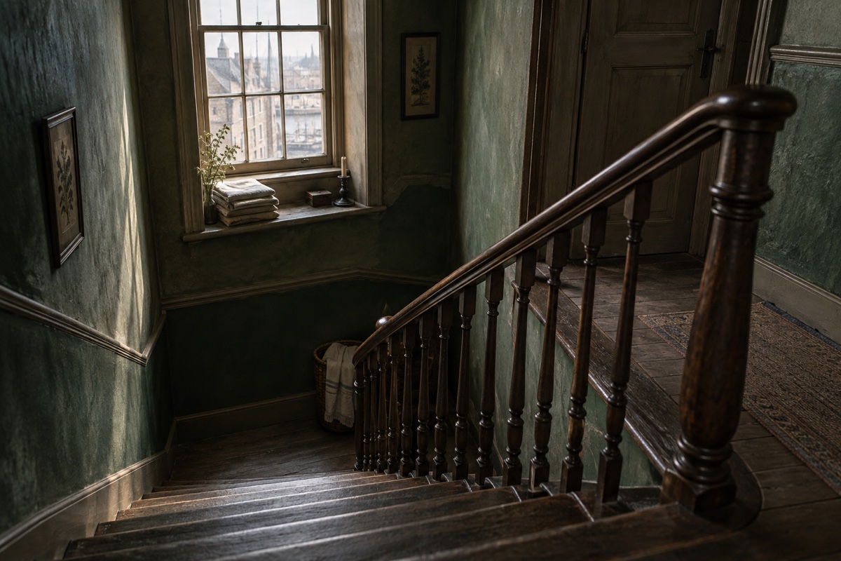 Illustration contemporaine : Escalier de bois et porte fermée sur un palier éclairé par une fenêtre.