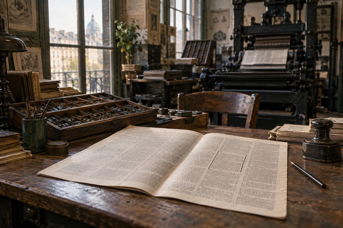 Illustration contemporaine : Journal ouvert sur une table d’imprimerie avec caractères mobiles et presse.