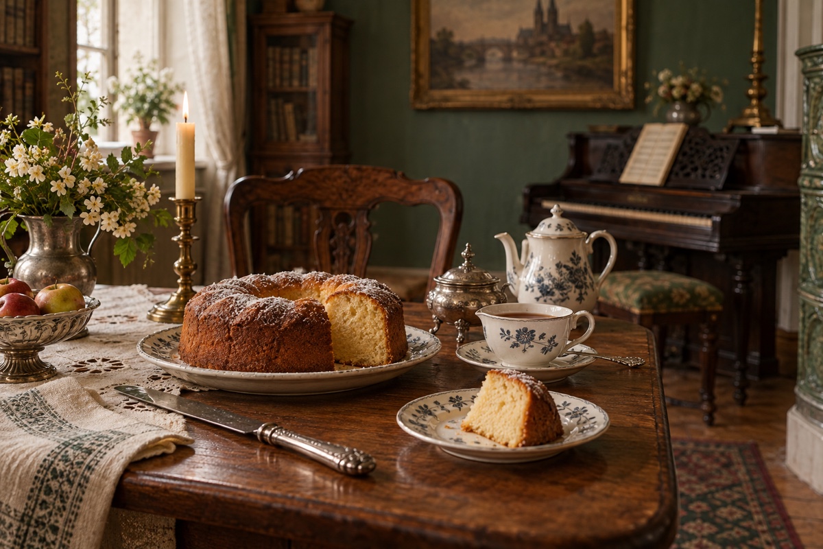 Illustration contemporaine : Gâteau entamé et part sur des assiettes, avec théière, tasses et fruits.