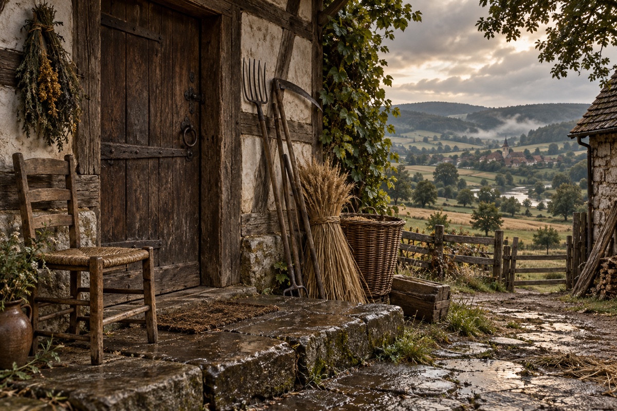 Illustration contemporaine : Chaise, outils agricoles et gerbes près d’une porte de bois, paysage rural au loin.