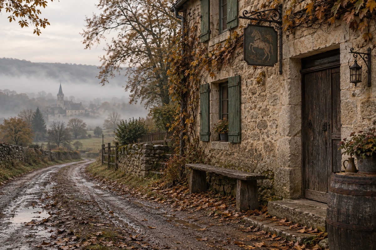 Illustration contemporaine : Auberge de pierre à enseigne de cheval, avec banc et tonneau devant une route boueuse.