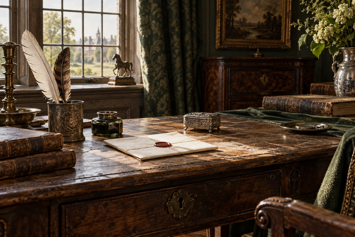 Illustration contemporaine : Lettres cachetées, plumes et encrier sur un bureau près d’une fenêtre.