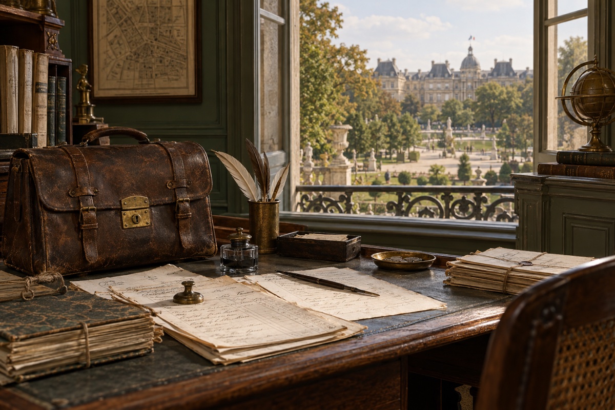 Illustration contemporaine : Sacoche de cuir et papiers de comptes sur un bureau donnant sur un jardin parisien.