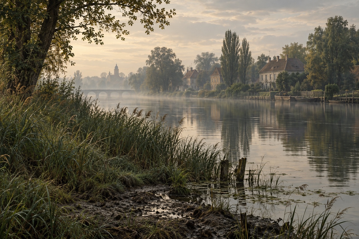 Illustration contemporaine : Roseaux au bord d’une rivière, avec pont et maisons sur la rive dans la brume.