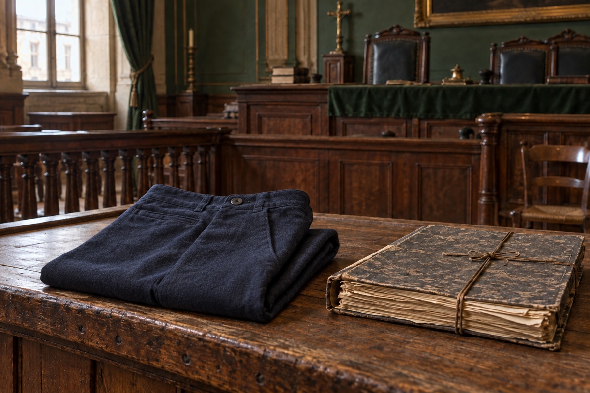 Illustration contemporaine : Pantalon bleu plié et dossier lié sur une table dans une salle d’audience vide.