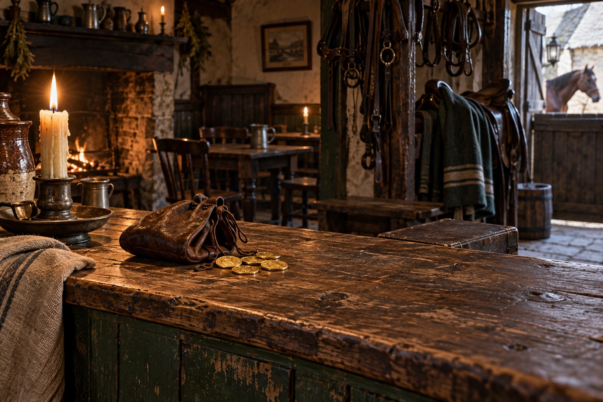 Illustration contemporaine : Bourse ouverte et pièces dorées sur un comptoir d’auberge, sacoche et cheval près de la porte.