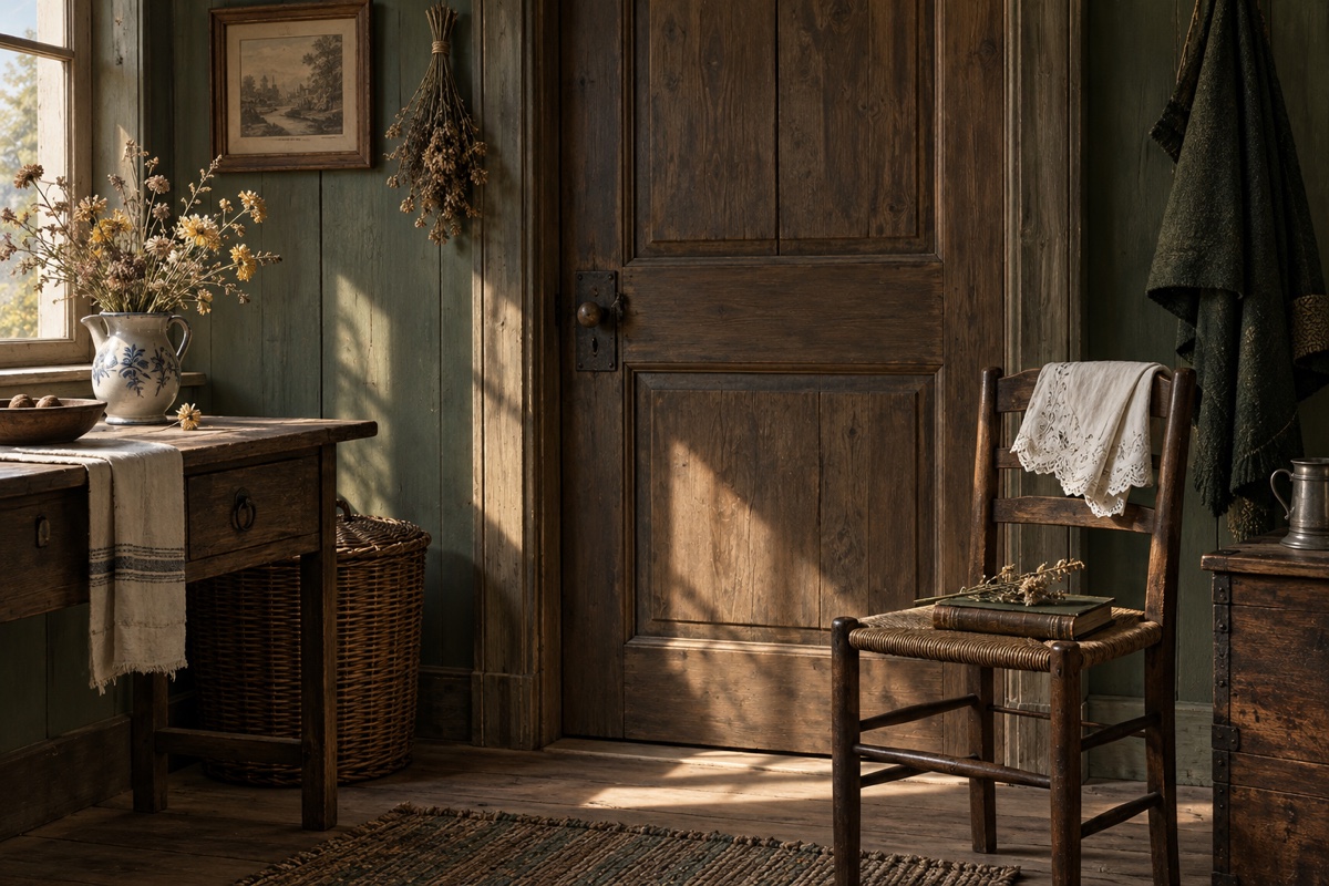 Illustration contemporaine : Porte de bois fermée dans une pièce, chaise avec livre et tissu brodé, bouquet près de la fenêtre.