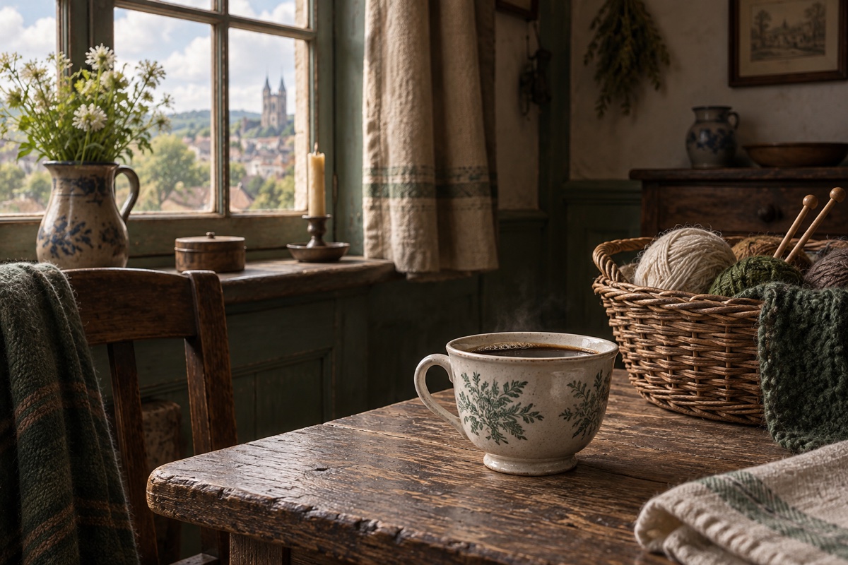 Illustration contemporaine : Tasse contenant une boisson sombre sur une table, panier de laine et aiguilles à tricoter près d’une fenêtre.