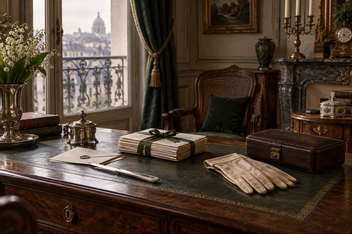 Illustration contemporaine : Lettres liées d’un ruban, enveloppe et gants sur une table dans un intérieur élégant.